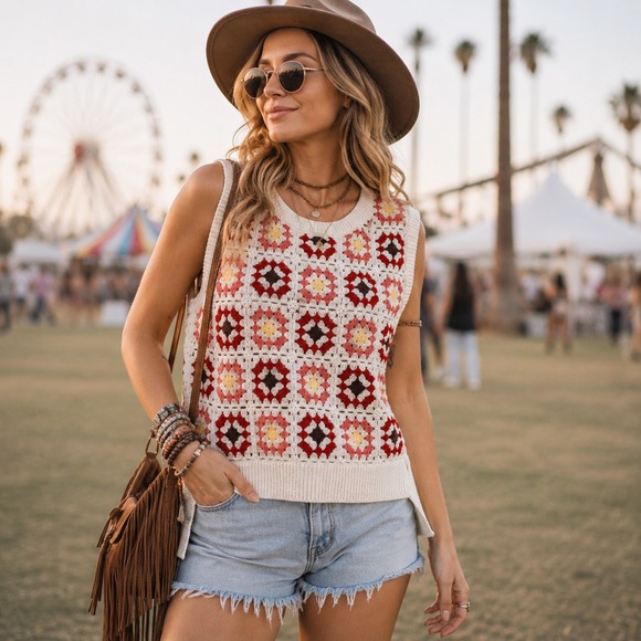 Lucky Brand Tops - Crochet Tank Top Sz M Sweater Vest Boho Retro Festival Hippie Folk Cowgirl